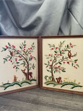 Vintage Crewel Embroidery Woodland Animal Wall Art Set Deer Owl Bunny Lamb
